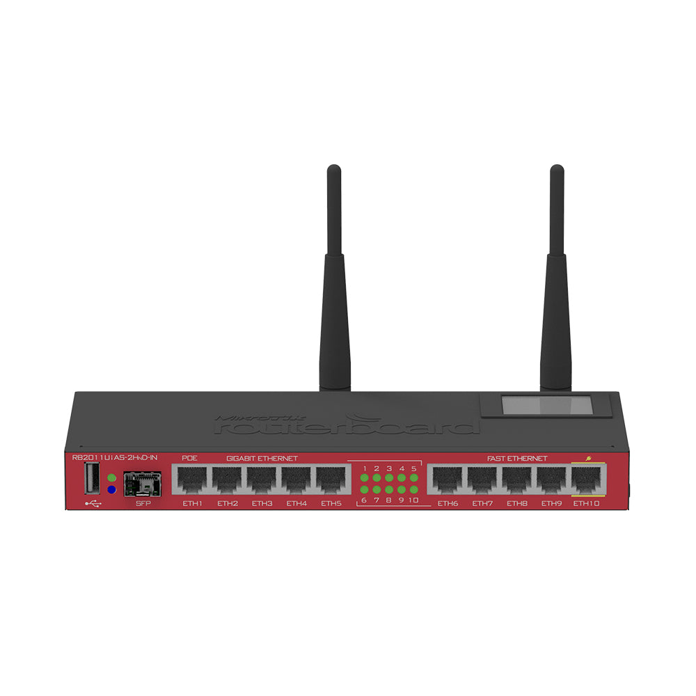 MikroTik Routerboard 2011UIAS-2HnD-IN, 5x10/100 Ethernet ports, 5×10/100/1000 Ethernet ports, 1×SFP cage (SFP not incl), 2.4GHz dual-chain 802.11b/g/n