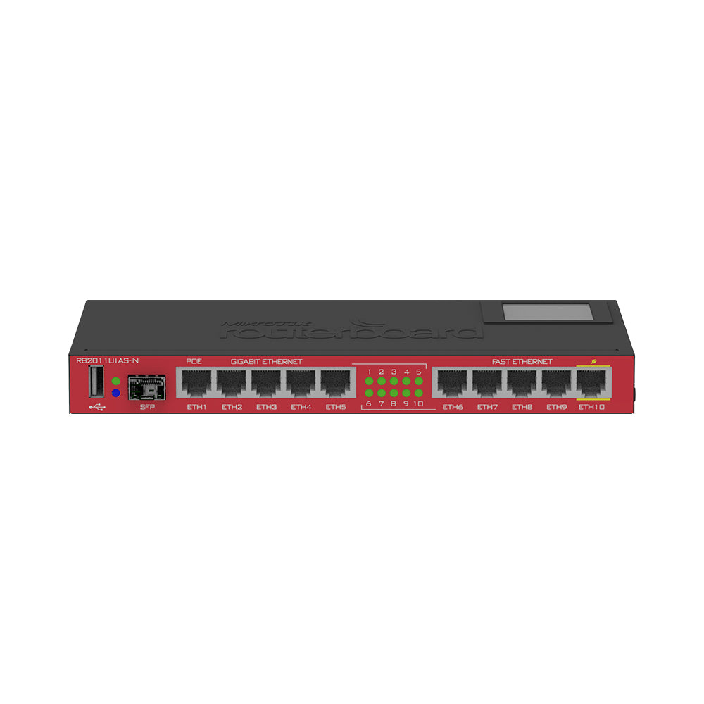 MikroTik RB2011UiAS-IN with Indoor Case (RouterOS L5), 5× 10/100 Ethernet ports, 5× 10/100/1000 Ethernet ports, 1× SFP cage (SFP not included), 600MHz