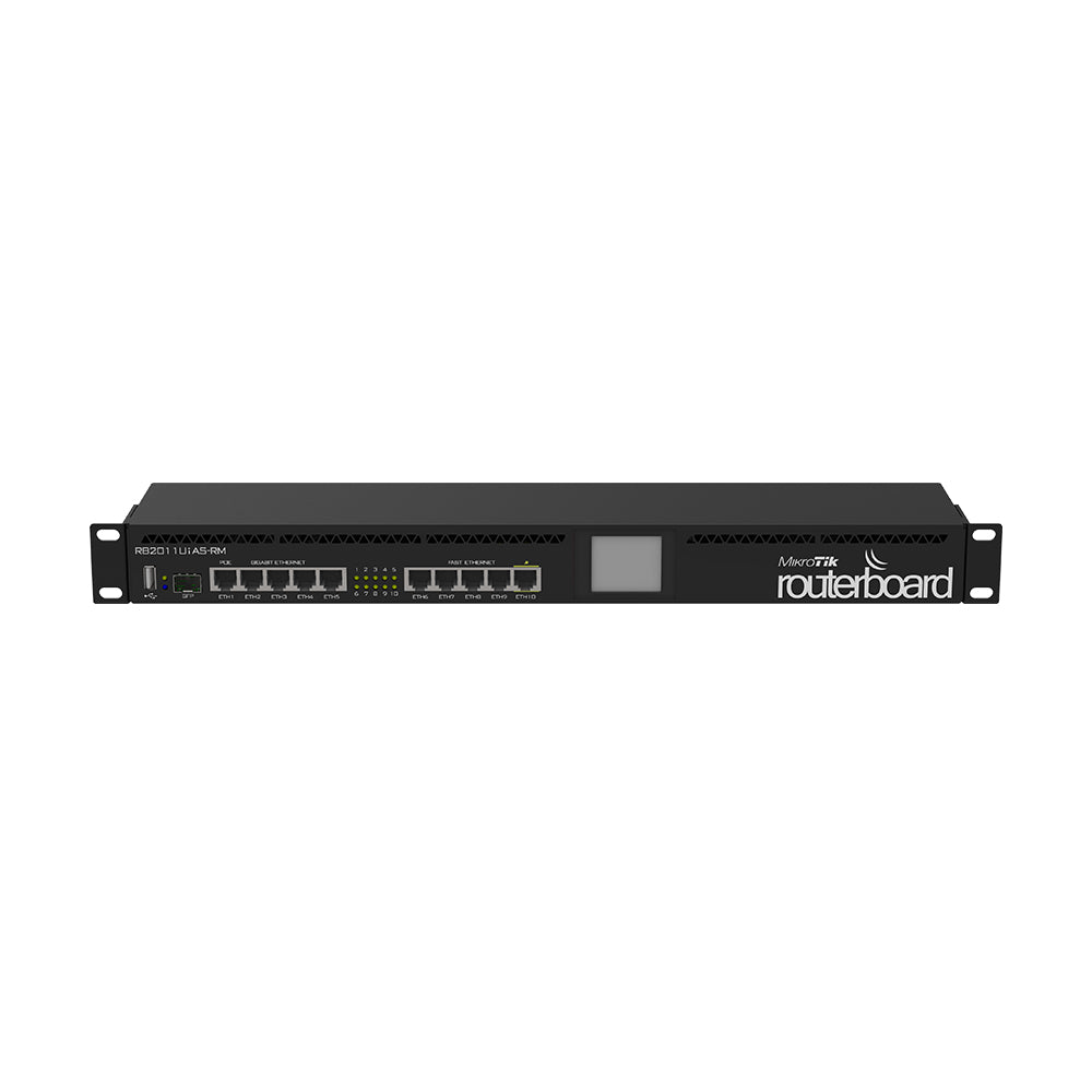 MikroTik Routerboard RB2011UIAS-RM 600MHz, 1U Rackmount metal case, touchscreen LCD, 5×10/100 Ethernet ports, 5×10/100/1000 Ethernet ports, 1×SFP Cage