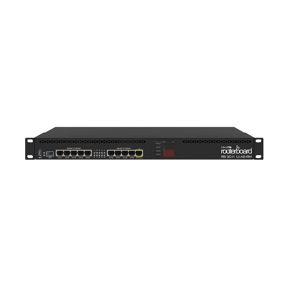 MikroTik RouterBOARD RB3011UiAS, 10x GB LAN, 1x SFP port, RouterOS L5, 1U rack-mount case, LCD panel, 1.4GHz CPU, 1GB RAM, USB 3.0 port (full-size)