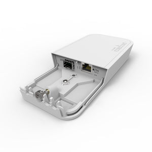 MikroTik Fiber to Copper Converter in Outdoor enclosure, PoE injector, power supply, 1x SFP slot, 1×GbE port with PoE-In support, Waterproof Enclosure