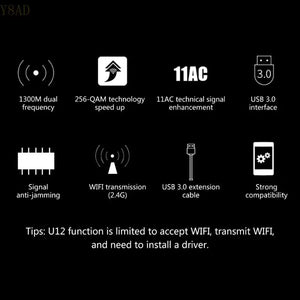 Tenda U12 1300Mbps Wireless USB Cards, Dual-Band 2.4G/5.0GHz WiFi USB Adapter, AC1300 Dual band WLAN USB Gigabit Wireless Router