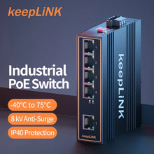 Load image into Gallery viewer, keepLiNK KP-9000-45-5TP Industrial 5Port Gigabit Ethernet Switch with 4*PoE and 1*RJ45 Uplink IP40 DIN-Rail Unmanaged Plug&amp;Play
