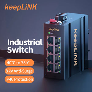 KeepLiNK Industrial 8-Port 10/100Mbps Gigabit Ethernet Switch Unmanaged 32G switching Plug and Play, IP40, Fanless, KP-9000-45-8TXm