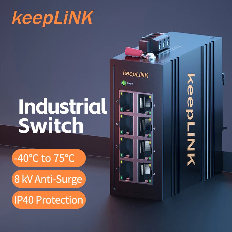 KeepLiNK Industrial 8-Port 10/100Mbps Gigabit Ethernet Switch Unmanaged 32G switching Plug and Play, IP40, Fanless, KP-9000-45-8TXm