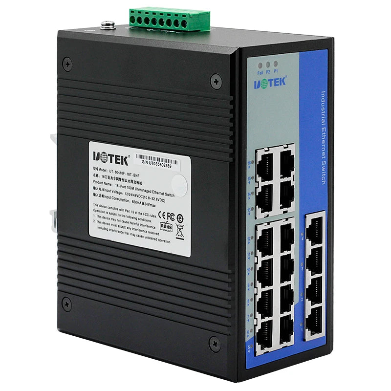UOTEK 16 Ports 10/100M RJ45 2 Layer Unmanaged Industrial Ethernet Switch DIN-Rail, 10/100Base-T(X), auto MDI/MDI-X, UT-60416F-16T-BNF
