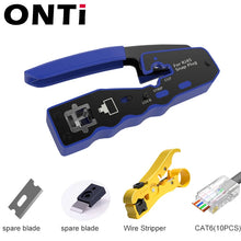Load image into Gallery viewer, ONTi RJ45 Pass Through Crimper Tool and Rj45 Connector, Ethernet Crimper Crimping Tool Wire Stripper Cutter for Cat6a Cat5
