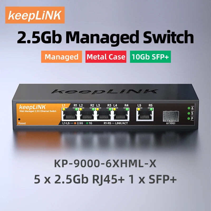 keepLINK KP-9000-6XHML-X 2.5Gb Managed Switch with 5× 2.5Gb Ethernet ports, 1× 10G SFP+ Port, 2.5Gb Cat Stick, 45Gbps Switching