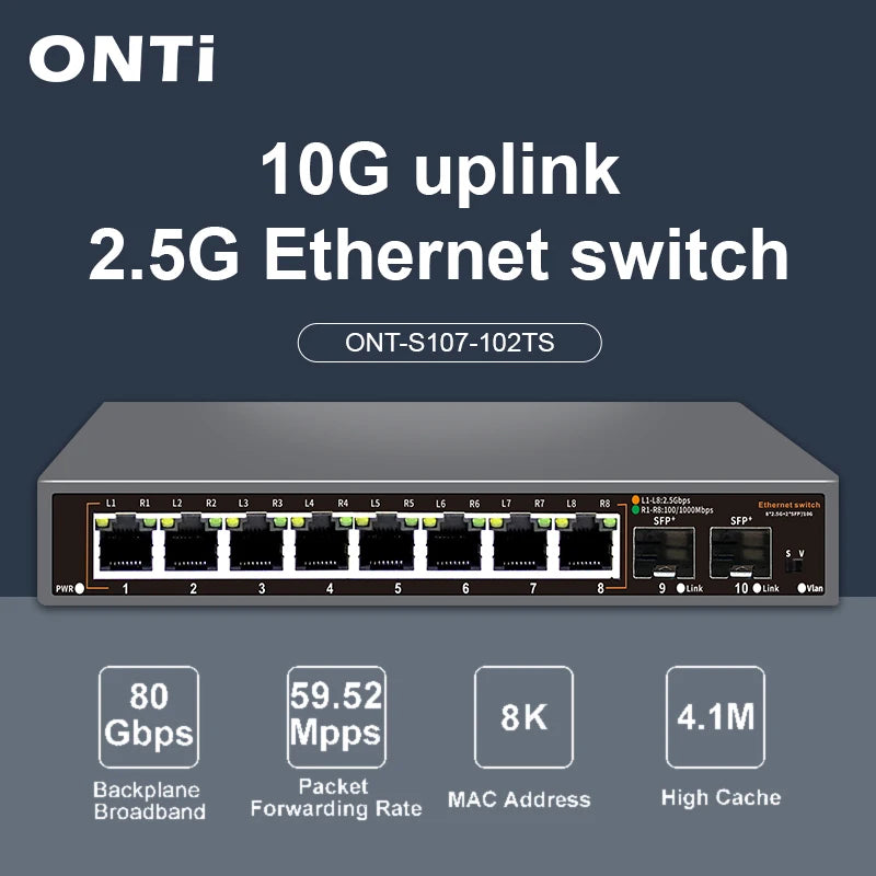 ONTi 2.5GbE Unmanaged Ethernet Switch 8 Port 2.5GBASE-T Network Switch with 10G SFP+ Port Plug and Play Fanless Homelab Switch