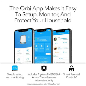 Orbi Tri-Band WiFi 6 Mesh Network System RBK863S – Router + 2 Satellite Extenders, Security Features, up to 6Gbps, Up to 8,000 sq.ft