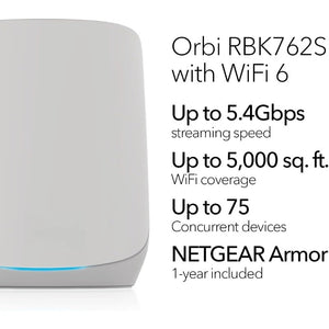 Orbi Tri-Band WiFi 6 Mesh Network System (RBK762S) – Router + 1 Satellite Extender, Security Features, 5.4 Gbps, up to 5,000 sq. ft