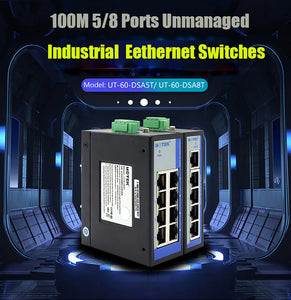 UOTEK Industrial Grade 100M 5 8 Ports Network Unmanaged Ethernet Switch Full Half Duplex DIN-rail -40℃ to 85℃ UT-60-DSA5T DSA8T
