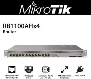 MikroTik RB1100AHx4 13-port Gigabit router 1U rack, 13×10/100/1000, RouterOS L6, 4 cores CPU, 2-pin terminal, PoE-IN