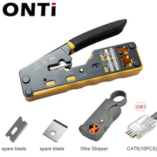 Load image into Gallery viewer, ONTi RJ45 Cat7/6/6A/5E Connector and RJ45 Crimp Tool Pass Through Crimper for 8P8C with Replacement Blade Cable Stripper Network Tool
