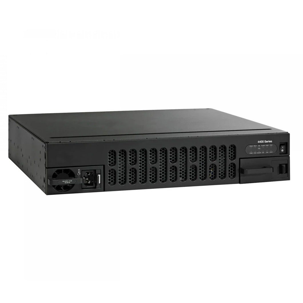 Cisco ISR 4451 network router with 4 onboard GE, 3 NIM slots, 1 ISC slot, 2 SM slots, 8GB Flash Memory default, 2 GB DRAM, 4 GB DRAM