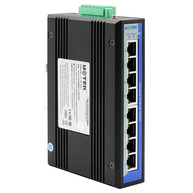 UOTEK Unmanaged 8Port x10/100/1000Base RJ45 Network Industrial Gigabit Ethernet Switch DIN-rail Installation 1000M DC12-48V UT-60-D8GT
