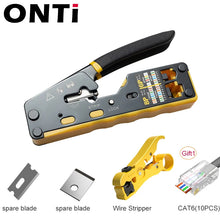 Load image into Gallery viewer, ONTi RJ45 Cat7/6/6A/5E Connector and RJ45 Crimp Tool Pass Through Crimper for 8P8C with Replacement Blade Cable Stripper Network Tool
