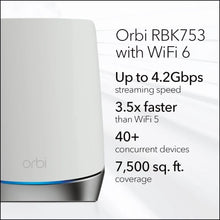 Load image into Gallery viewer, Orbi AX4200 RBK753 Whole Home Tri-Band Mesh WiFi 6 System (Router, 2 Extenders) Up to 7,500 Sq.ft Mesh GigE, 802.11ax Upgraded version
