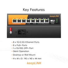 Load image into Gallery viewer, keepLiNK 9-Port Multi-Gigabit Ethernet Switch 8-2.5Gb PoE Ports + 1-10Gb SFP for Uplink Unmanaged Plug &amp; Play KP-9000-9XHP-X-AC
