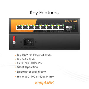 keepLiNK 9-Port Multi-Gigabit Ethernet Switch with 8*2.5Gb PoE Ports 1*10Gb SFP+ for Uplink Unmanaged Plug&Play 60Gbps Switching