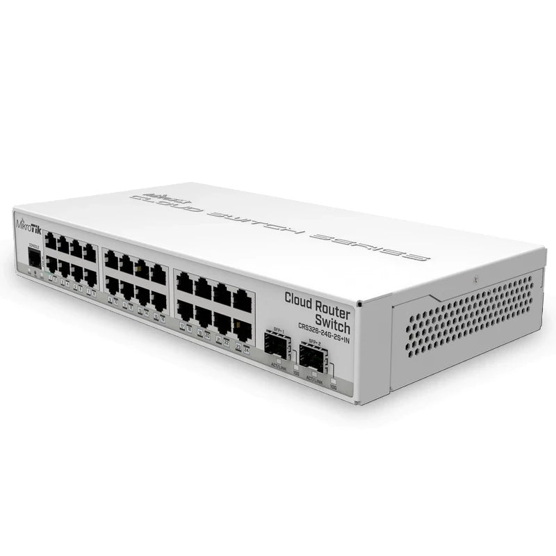 MikroTik CRS326-24G-2S+IN Cloud Router Switch with 24× 10/100/1000Mbps Gigabit Ethernet ports, 2 SFP+ Cages, RouterOS / SwitchOS