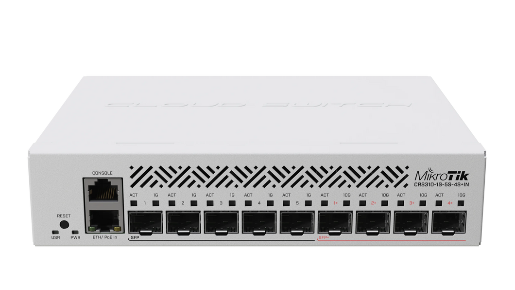MikroTik CRS310-1G-5S-4S+IN L3 management 10-port cloud Router switch 10G, 1× 1G SFP port, 4× 10G SFP+ ports, 1GbE port, RouterOS