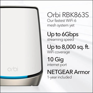 Orbi Tri-Band WiFi 6 Mesh Network System RBK863S – Router + 2 Satellite Extenders, Security Features, up to 6Gbps, Up to 8,000 sq.ft