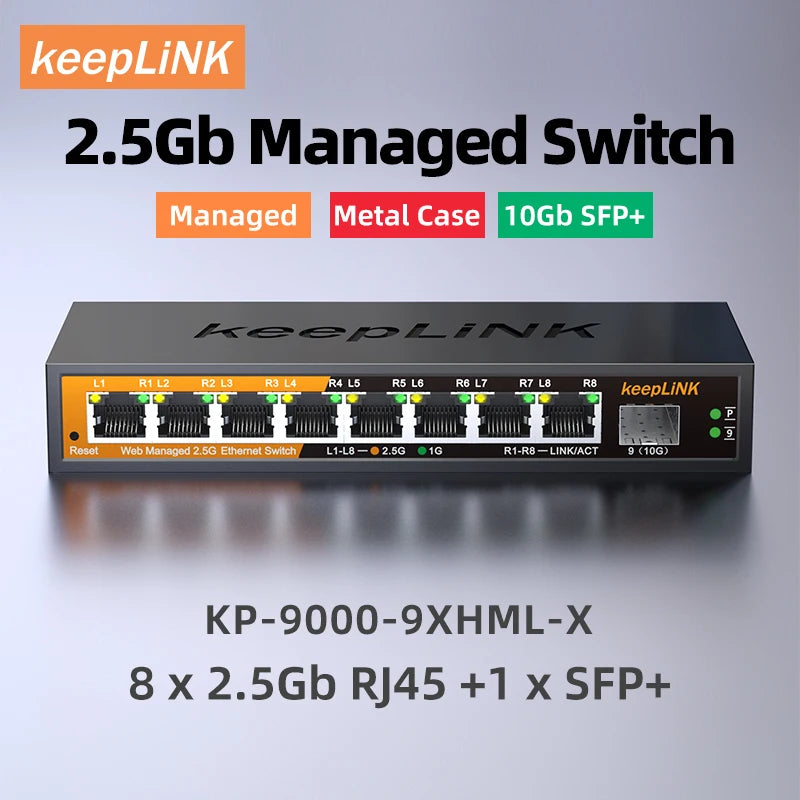 KeepLiNK 2.5Gb Managed Switch with 8-port 2.5Gb Ethernet 1-port 10G SFP+, 8 ports multi-gig 1G/2.5G, 60Gbps, KP-9000-9XHML-X
