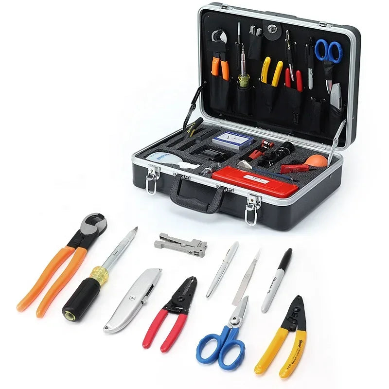 Universal FTTH Fiber Optic Tool Kit Set Box 433X330X130MM, Aluminum Alloy Frame, Drop proof, durable and rust proof, LK-6028