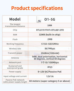 Tenda O1-5G 1KM 5GHz Outdoor CPE Wireless Bridge 9dbi WiFi Repeater Extender Router AP Access Point WiFi Bridge with POE/DC Adapter