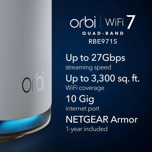 Orbi 970 Series Quad-Band WiFi 7 Mesh Router (RBE971S), Covers Up to 3,300 sq. ft., 27Gbps, 200 Devices, 10Gig Internet Ports
