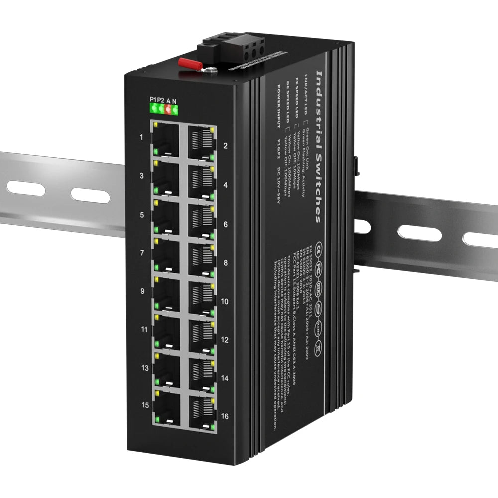 Bullscom Industrial 16-Port 10/100/1000BaseT(X) RJ45 Ethernet Switch, Rugged Metal Housing, DIN-Rail Mount, Wide Temperature Range