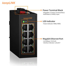 Load image into Gallery viewer, KeepLiNK Industrial 8-Port 10/100Mbps Gigabit Ethernet Switch Unmanaged 32G switching Plug and Play, IP40, Fanless, KP-9000-45-8TXm
