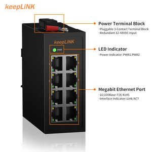 KeepLiNK Industrial 8-Port 10/100Mbps Gigabit Ethernet Switch Unmanaged 32G switching Plug and Play, IP40, Fanless, KP-9000-45-8TXm