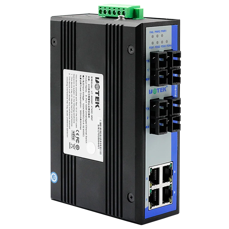 UOTEK 4 Ports 10/100M RJ45 2 Layer Unmanaged Industrial Ethernet Switch 4 Fiber SC DIN-Rail UT-60008F-4T4SC-MNF