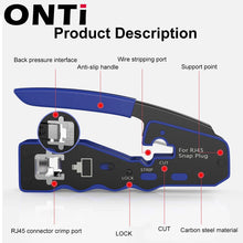 Load image into Gallery viewer, ONTi RJ45 Cat7/6/6A/5E Connector, RJ45 Crimper Tool Pass Through Crimp with Replacement Blade Ethernet Cable Stripper
