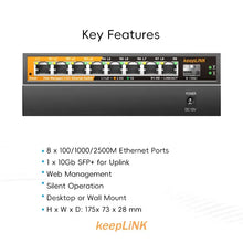 Load image into Gallery viewer, KeepLiNK 9-Port Multi-Gigabit Managed Ethernet Switch with 8-2.5Gb Ports and 1-10Gb SFP+ Uplink Fanless KP-9000-9XHML-X
