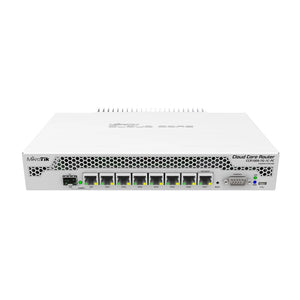 MikroTik 7x Gigabit Ethernet, 1x Combo port (SFP or Gigabit Ethernet), 9 cores x 1GHz CPU, 1GB RAM, passive cooling case, RouterOS L6