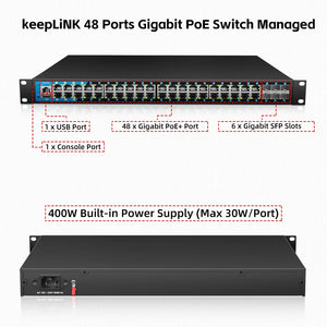 keepLiNK KP-9000-54XGPM-X6-ACR 54Port Gigabit Managed Network Switch with 48*PoE+ Ports 6*10G SFP+ Uplink 400W 216G Switching