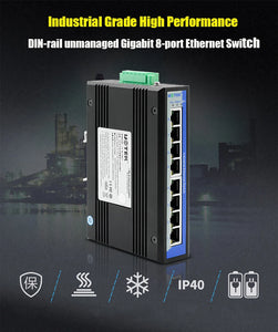 UOTEK Unmanaged 8Port x10/100/1000Base RJ45 Network Industrial Gigabit Ethernet Switch DIN-rail Installation 1000M DC12-48V UT-60-D8GT