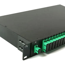 Load image into Gallery viewer, Fiber Optic Equipment 1x64 1U Size Rack Mount PLC Splitter SC APC Black Aluminium Box for ODF Data Center, Dimensions: 44x482.6x250mm
