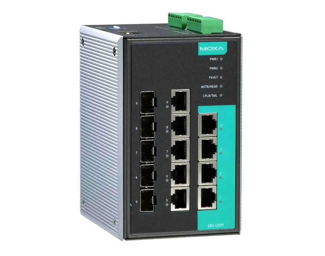 Moxa EDS-G509/EDS-G509-T Industrial Ethernet L2 managed switch with industrial-grade reliability, network redundancy, based on IEC 62443