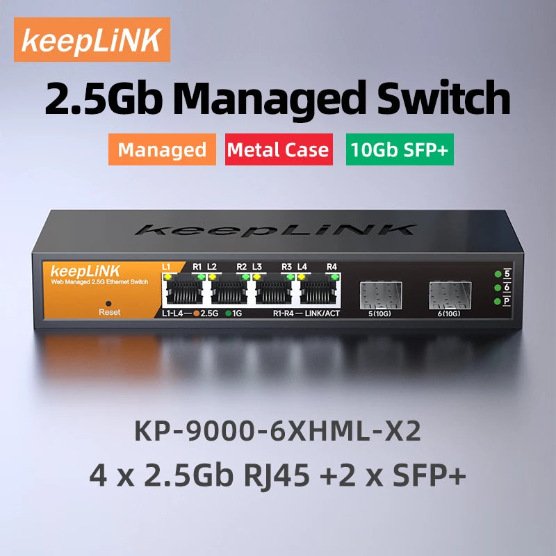 KeepLINK 6-Port Multi-Gigabit Managed Switch with 4x 2.5Gb RJ45 and 2x 10G SFP+ ports, 60Gbps switching, KP-9000-6XHML-X2