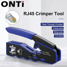 Load image into Gallery viewer, ONTi RJ45 Pass Through Crimper Tool and Rj45 Connector, Ethernet Crimper Crimping Tool Wire Stripper Cutter for Cat6a Cat5
