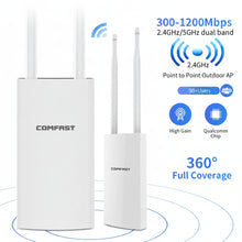 Load image into Gallery viewer, COMFAST 300/1200Mbps Outdoor Wireless AP 2.4/5.8G WiFi Router 48V 0.32A POE Wi-Fi Bridge Repeater Antenna
