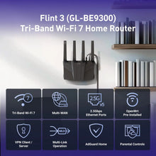 Load image into Gallery viewer, GL.iNet GL-BE9300 (Flint 3) First Tri-band Wi-Fi 7 Home Router 5× 2.5G Ports Robust VPN Capabilities and Parental Controls
