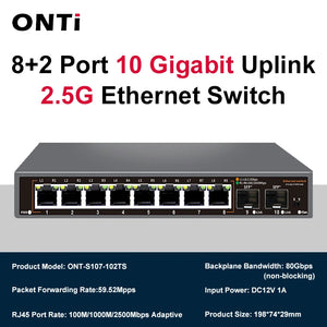 ONTi 2.5GbE Unmanaged Ethernet Switch 8 Port 2.5GBASE-T Network Switch with 10G SFP+ Port Plug and Play Fanless Homelab Switch