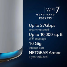 Load image into Gallery viewer, Orbi 970 Series Quad-Band WiFi 7 Mesh Network System (RBE973S), Router + 2 Satellite Extenders, Security Features, Up to 27Gbps
