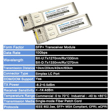 Load image into Gallery viewer, 10Gb BiDi SFP Transceiver Module 10km/20km/40km/60km 10Gbase-BX T1270/R1330nm LC WDM Optical Module For Mikrotik/Huawei Switch

