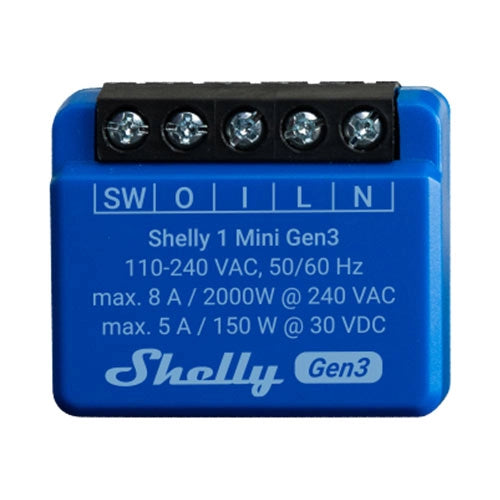 Shelly Smart Mini WiFi Relay Gen 3, 1 channel 8 A, WiFi-operated smart switch, No HUB required, Quick inclusion via Bluetooth, Dry Contacts, Scripting